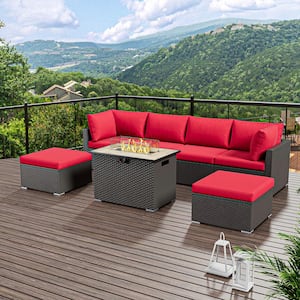 7-Piece Outdoor Wicker Patio Conversation Seating Set with Propane Fire Pit Table (Red Cushion)