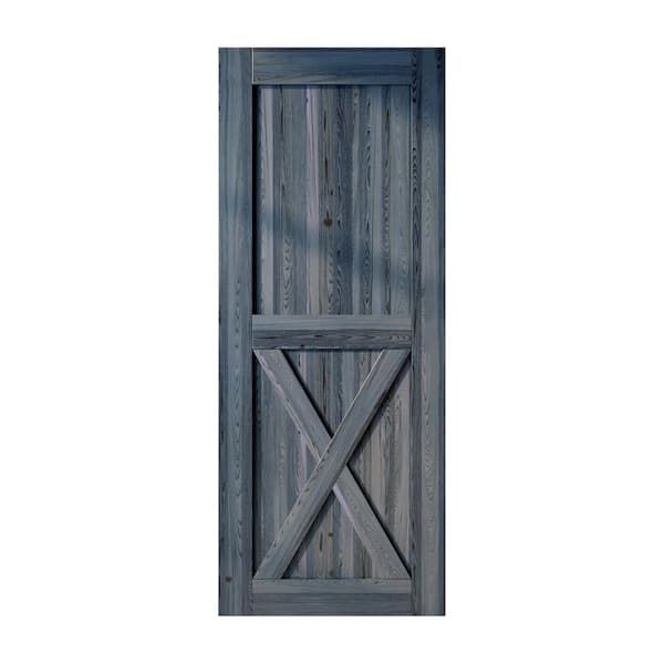 HOMACER 42 in. x 96 in. X-Frame Navy Solid Natural Pine Wood Panel Interior Sliding Barn Door Slab with Frame