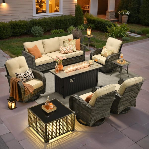 Poise 9-Pieces Wicker Outdoor Patio Rectangular Fire Pit Set and Swivel Rocking Chairs with Beige Cushions