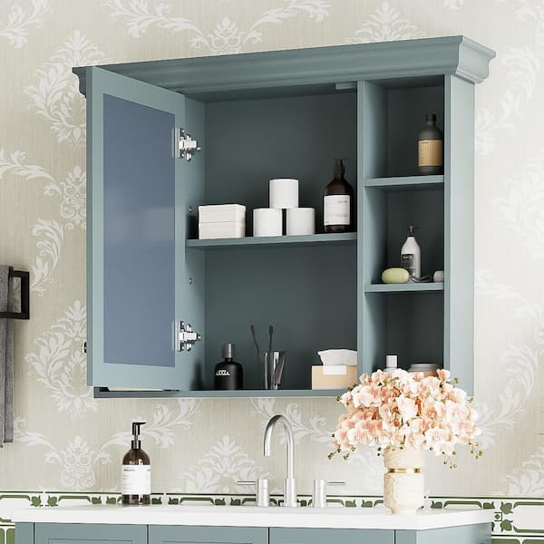 FORCLOVER 35 in. W x 28 in. H Rectangular Medicine Cabinet with Mirror and 6-Open Shelves in Blue