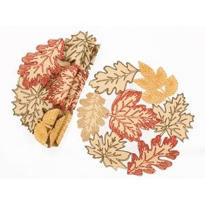 0.1 in. H x 16 in. W Round Autumn Leaves Embroidered Cutwork Placemats in Beige (Set of 4)