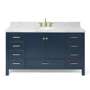 Cambridge 61 in. W x 22 in. D Vanity in Midnight Blue with Carrara White Marble Top