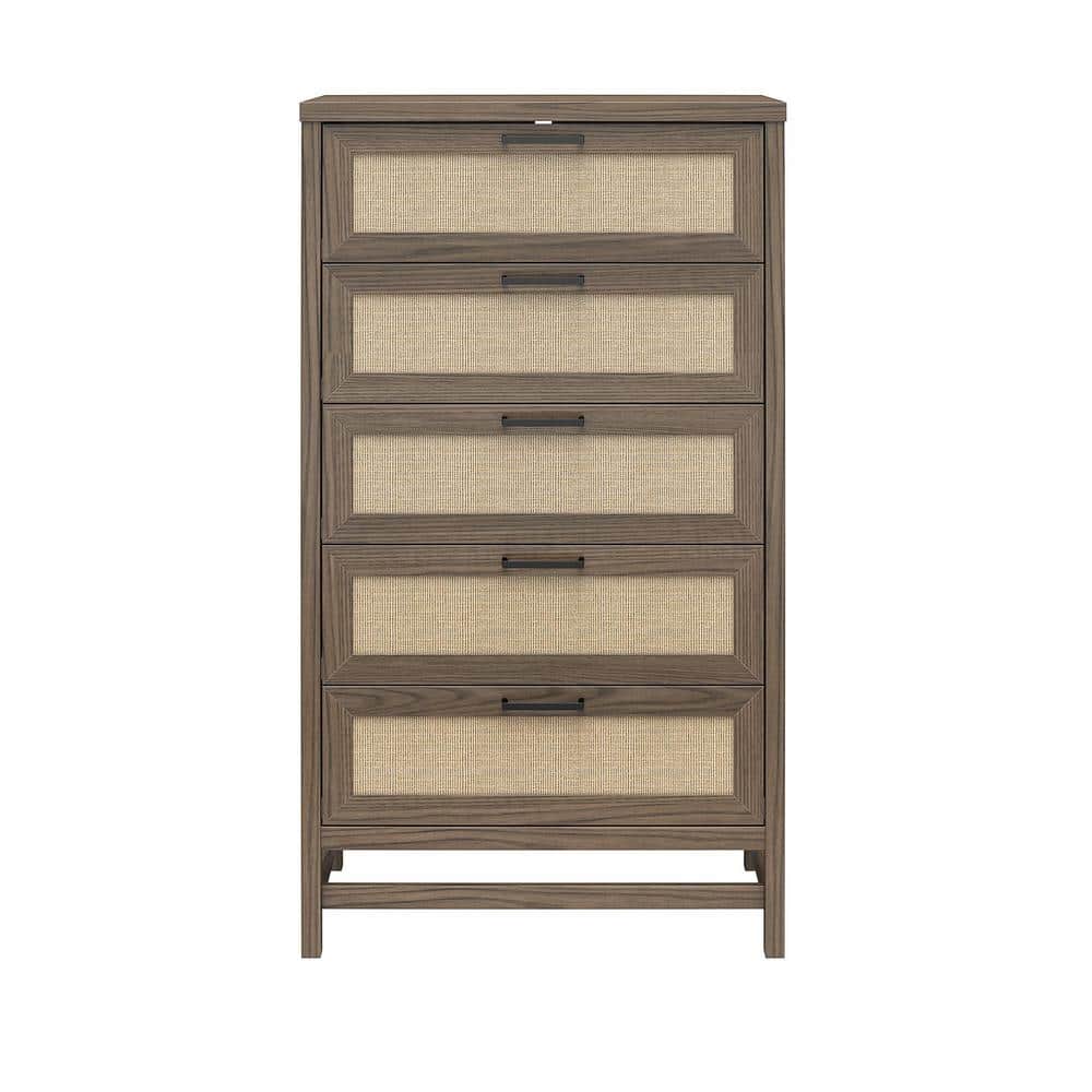 Lystra Tall 5-Drawer Dresser, Medium Brown and Faux Rattan