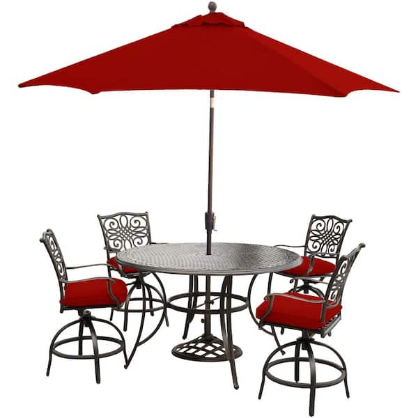 Hanover Traditions 5 Piece Aluminum Outdoor Bar Height Dining Set With Red Cushions Swivel Chairs Table Umbrella And Stand Traddn5pcbr Su R The Home Depot - Patio Dining Sets With Umbrella Home Depot Hanover Traditions 5 Piece Aluminum Outdoor Bar Height Dining Set With Red Cushions Swivel Chairs Table Umbrella And Stand Traddn5pcbr Su R The Home Depot - Patio Dining Sets With Umbrella Home Depot