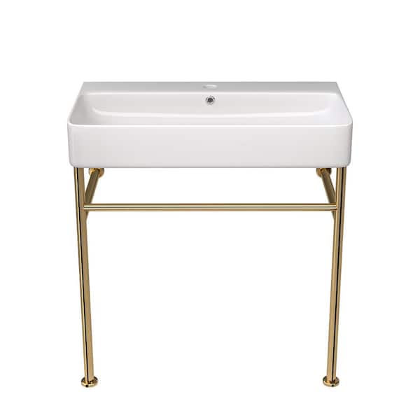 LORDEAR 30 in. x 17 in. Freestanding Rectangular Bathroom Console Sink with Gold Support Legs Ceramic Utility Sink