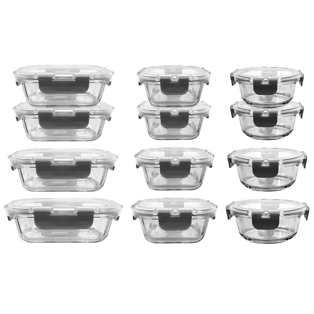 Nutrichef 24 Piece Stackable Borosilicate Glass Food Storage Containers Set Gray Ncglgy The