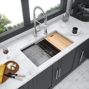 33 in. Undermount Single Bowl 18-Gauge Brushed Nickel Stainless Steel Kitchen Sink with Workstation