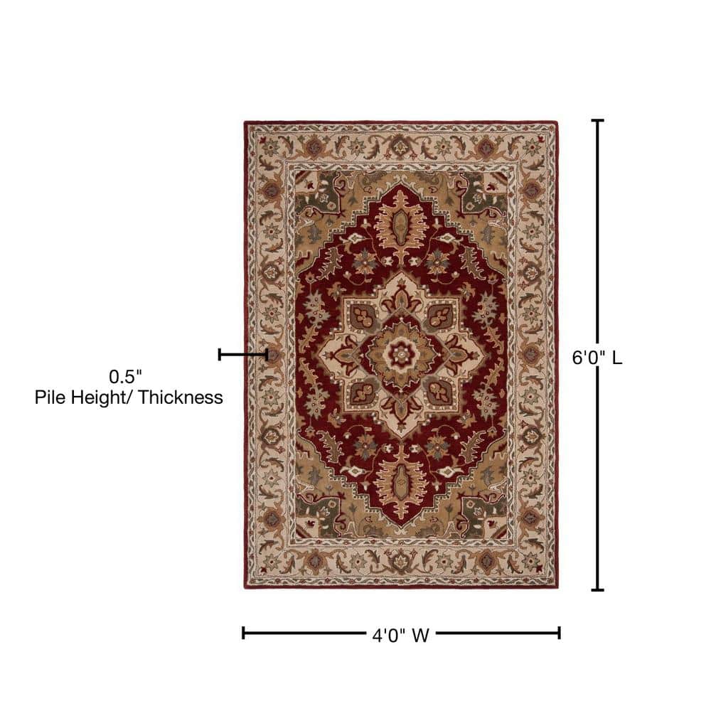 Hand-Tufted Red and Beige Wool 4' x 6' Area Rug