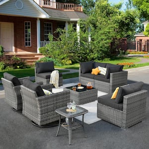 Artemis Gray 8-Piece Wicker Patio Conversation Seating Sofa Set with Black Cushions and Swivel Rocking Chairs