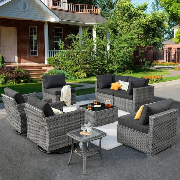 XIZZI Artemis Gray 8-Piece Wicker Patio Conversation Seating Sofa Set with Black Cushions and Swivel Rocking Chairs