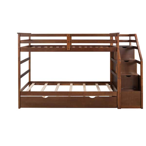 Qualler Walnut Twin Over Twin Bunk Bed with Twin Size Trundle and ...