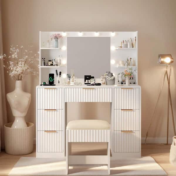 2-Piece White Makeup Vanity Set with 10 Three-color Dimmable Bulbs, 7 Drawers and 4-Tier Shelves