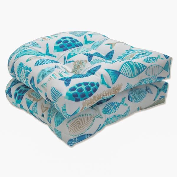 Pillow Perfect Tropical 19 in. x 19 in. Outdoor Dining Chair Cushion in Blue/Tan/Off-White (Set of 2)