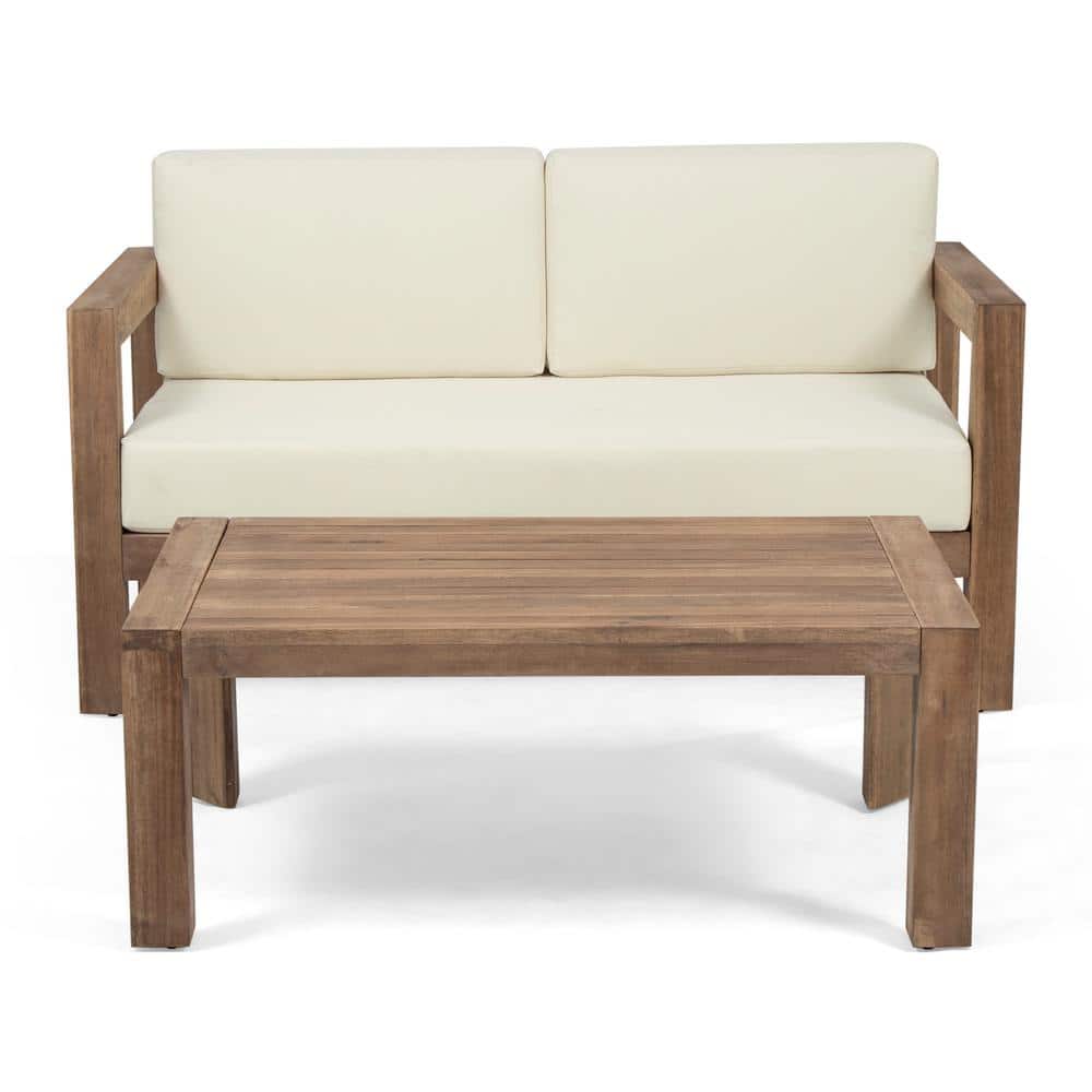 Set of 2 Acacia Wood Outdoor Loveseat with coffee table suitable for terrac