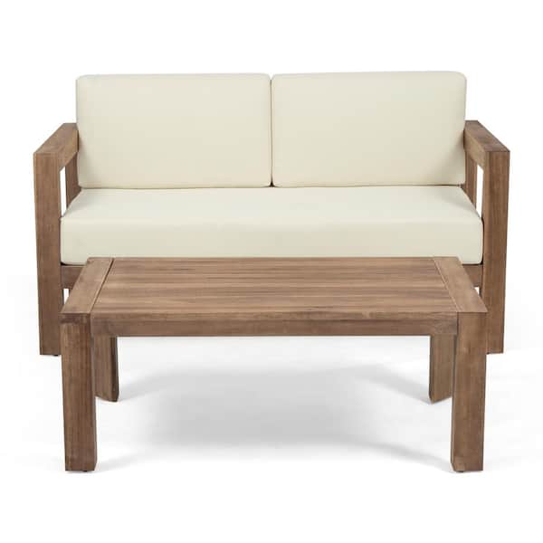 Unbranded Set of 2 Acacia Wood Outdoor Loveseat with coffee table suitable for terrace poolside with Cushions beige