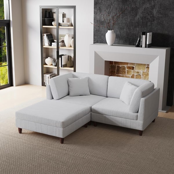 80 in. Straight Arm 3-Piece Corduroy Upholstered L-Shaped Sectional Sofa in Sea Salt Gray