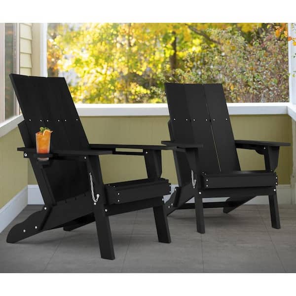 Mximu Oversized Black HDPE Outdoor Plastic Folding Adirondack Chair with Cup Holder (Set of 2)