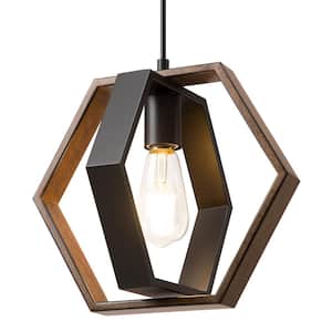 60 -Watt 1 Light Metal Hanging Pipes Pendant Light with Bronze Wooden Grain Shade, No Bulbs Included