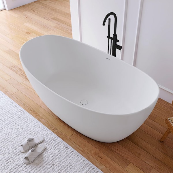 Cyrena 65 in. x 33.5 in. Stone Resin Solid Surface Flatbottom Freestanding Soaking Bathtub in White