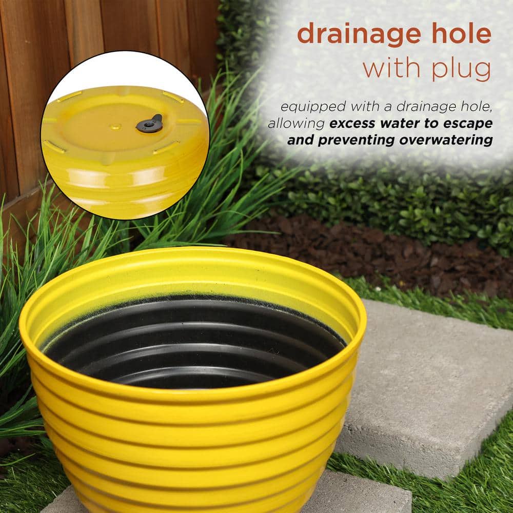 12" Yellow Ribbed Plastic Indoor Outdoor Planter