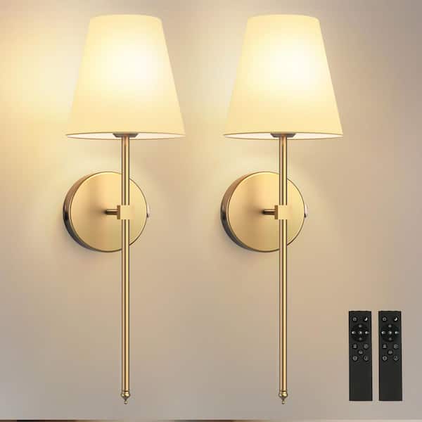YANSUN 8 in. 1-Light Gold Wall Sconce, Rechargeable Wall Sconce with Detachable Bulbs and Fabric Shade for Living Room (2-Pack）