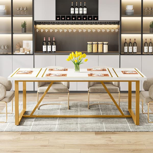 TRIBESIGNS WAY TO ORIGIN Adan White Wooden 70.9 in. Trestle Rectangle Dining Table Seats 8 with Gold Metal Frame