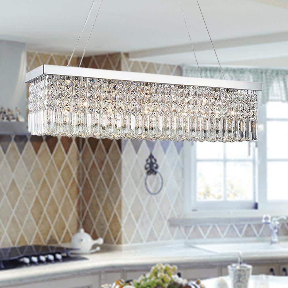 Modern Rectangular Chrome & Crystal Chandelier with Adjustable Height