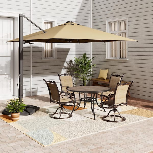 Mondawe 5-Piece Cast Aluminum Outdoor Patio Dining Set with Round Tile Top Table w/ Umbrella Hole and Textilene Swivel Chairs