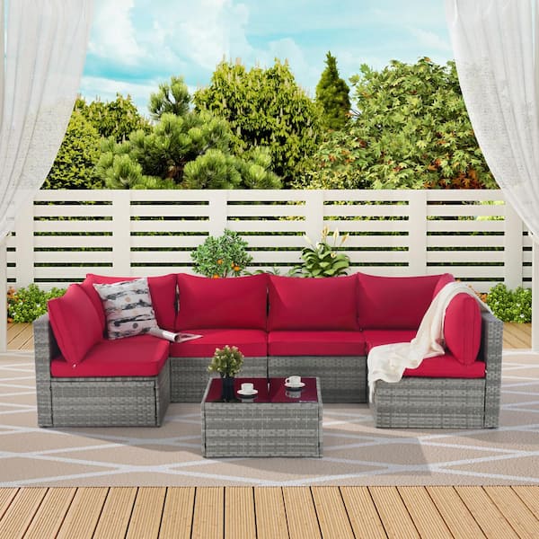Unbranded 7-Pieces Furniture Gray Wicker Outdoor Sectional Set with Red Cushions and Table