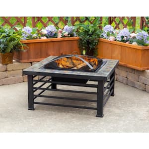 Cascade Slate Top 34 in. Wx22.5 in. H Square Steel Wood Black Fire Pit