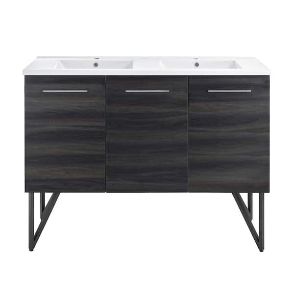 Annecy 48 in. W Black Walnut, Double Basin Bathroom Vanity in White with Ceramic Sink Top