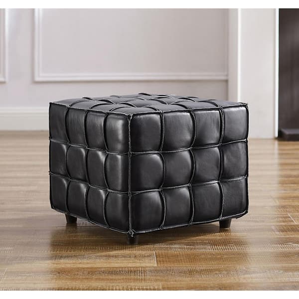 Ember Black Top-Grain Leather Square Ottoman