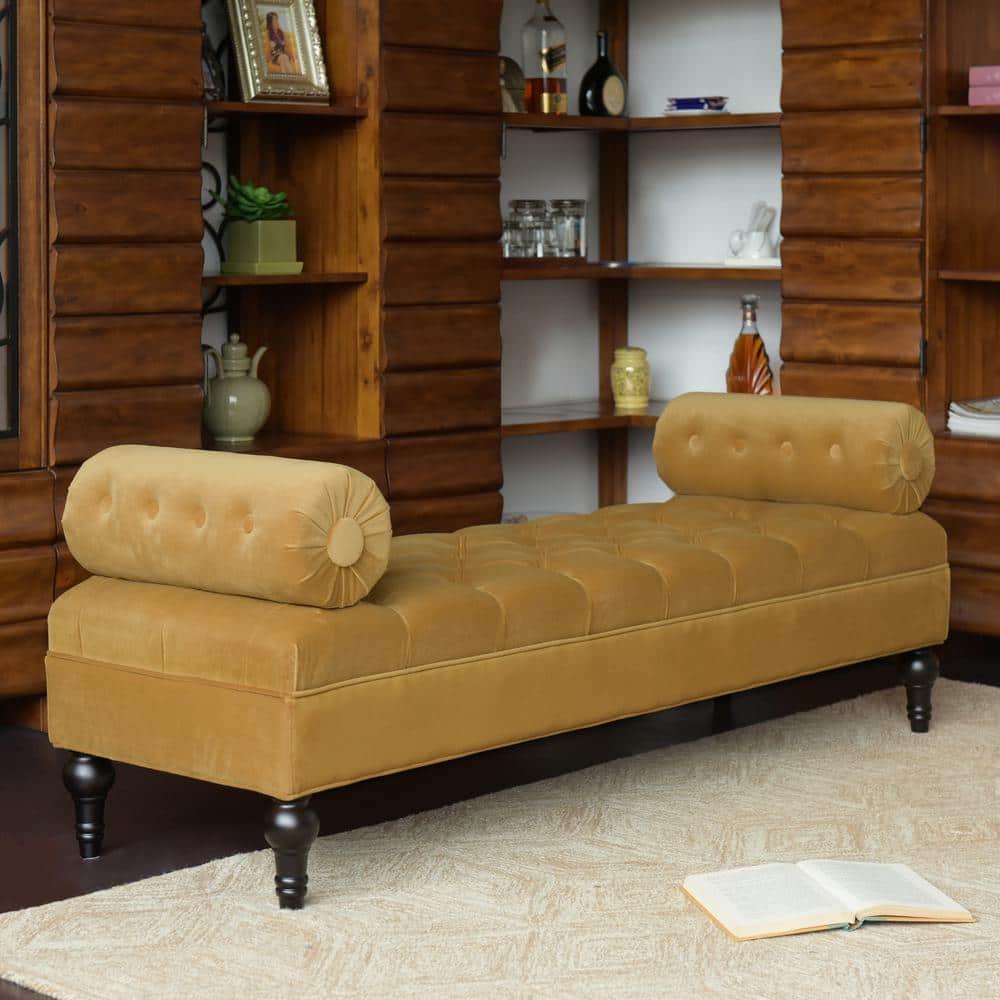 Lewis Glam Traditional Sky Neutral Tufted Bench with Bolster Pillows
