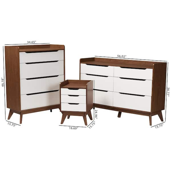 Baxton Studio Brighton 3 Piece White and Walnut Brown Bedroom