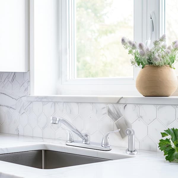 Dual Wing Handle Traditional Spout Kitchen Faucet with Optional Side Sprayer in Chrome