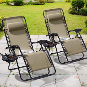 Beige Zero Gravity Folding Chair Patio Recliner with Adjustable Headrest And Side Tray(Set of 2 Chairs)