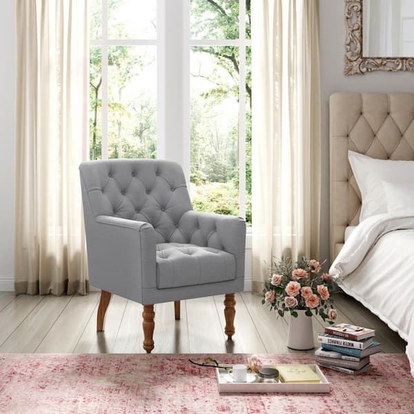 HomeRoots Amelia 40.9 in. Gray Linen Arm Chair with Tufted Cushions