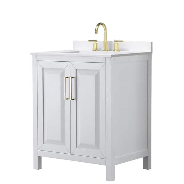 Wyndham Collection Daria 30 in. W x 22 in. D x 35.75 in. H Single Sink Bath Vanity in White with Brushed Gold Trim White Quartz Top