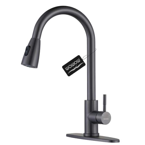 WOWOW Single-Handle Pull-Down Sprayer Kitchen Faucet with Stream and PowerSpray Mode in Black Stainless