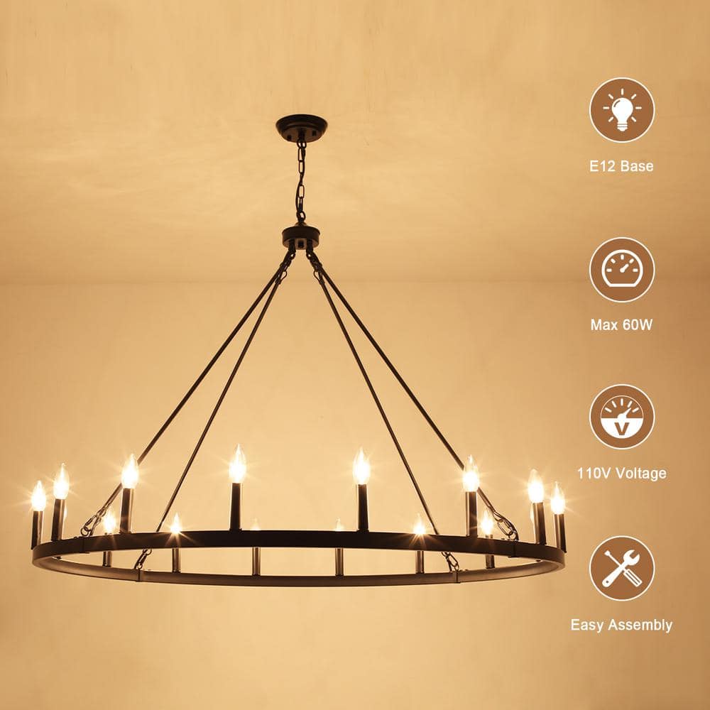 Large Black Metal Wagon Wheel Candle Chandelier