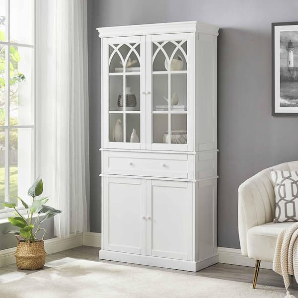 White Storage Cabinet China Cabinet Food Pantry with Glass Doors and  Adjustable Shelves for Home Office Kitchen Storage T115PWI - The Home Depot