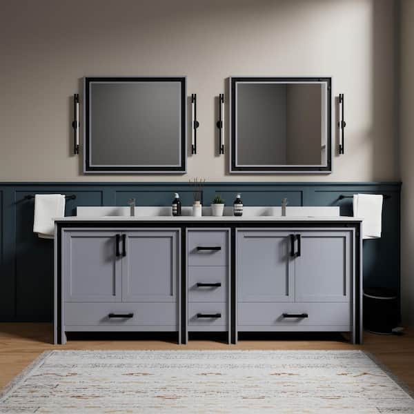 Ziva 84 in W x 22 in D Dark Grey Double Bath Vanity, Cultured Marble Top and 34 in Mirrors