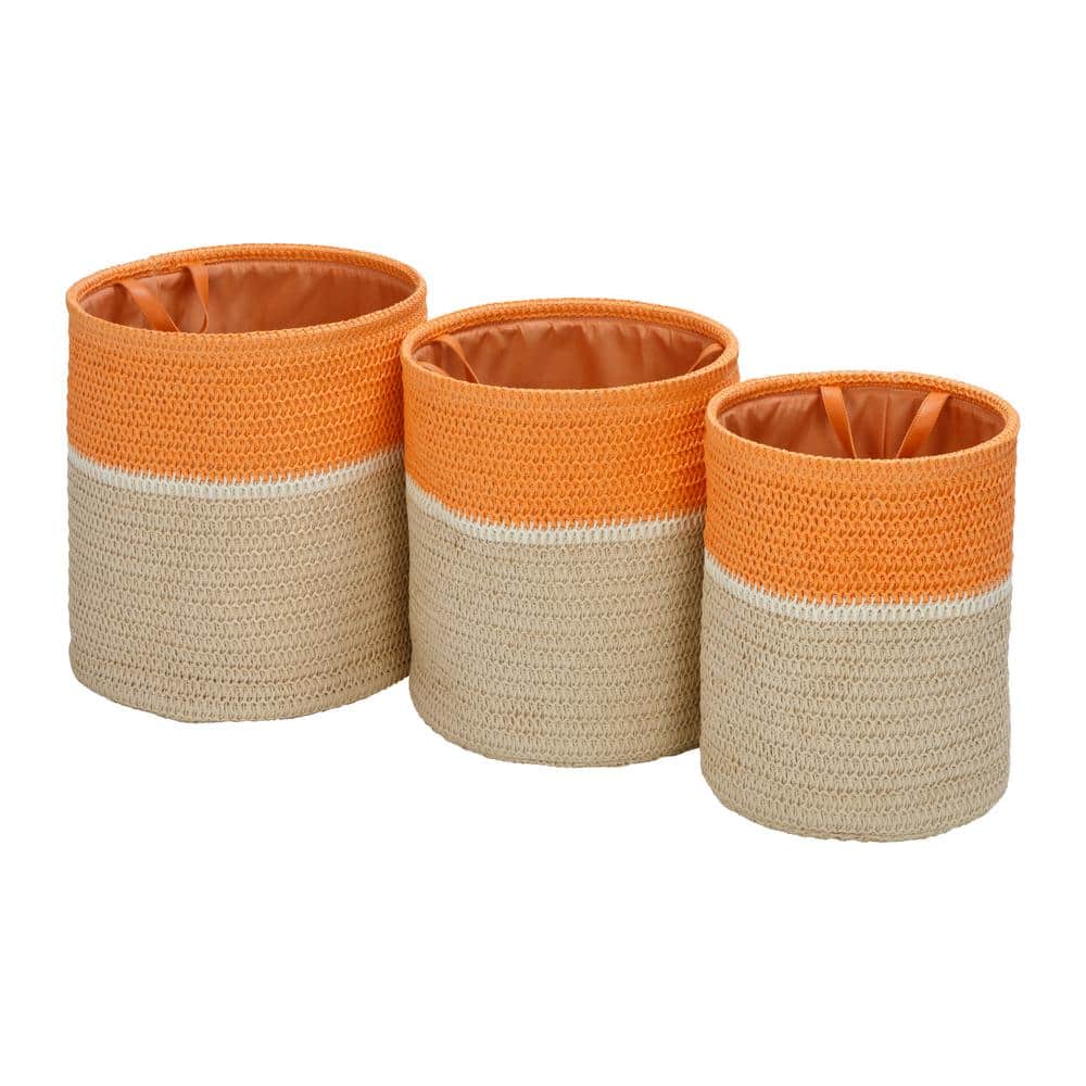 Modern Nestable Orange and Natural Paper Straw Storage Baskets with Handles, Set of 3