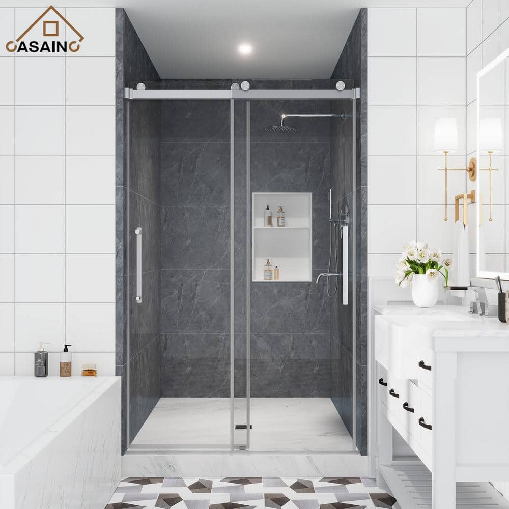 44-48 in. W x 76 in. H Double Sliding Frameless Shower Door in Brushed Nickel Finish with Clear Glass -  CASAINC, CA-LBD8-4876BN