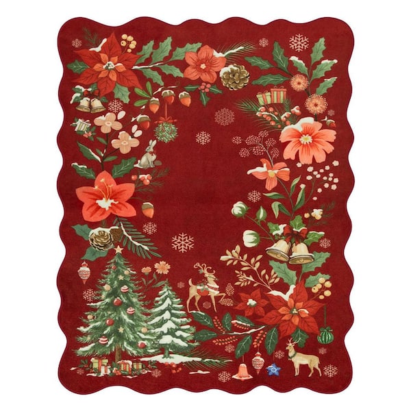Washable Christmas Vintage Floral Scalloped Non Slip 8 ft. x 10 ft. Red Living Room Bedroom Indoor Area Rug