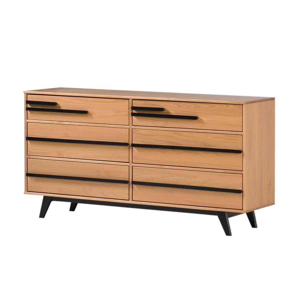 Natural Pine Mid-Century Modern 6-Drawer Solid Wood Dresser