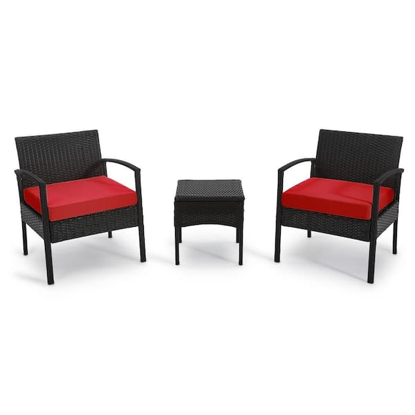 EDYO LIVING 3-Piece Wicker Patio Conversation Set with Red Cushions