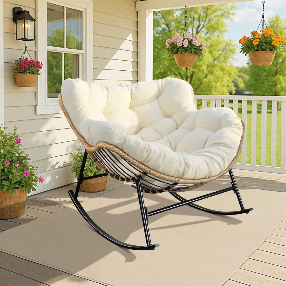 FINCATI Oversized Beige PE Wicker Outdoor Rocking Chair Papasan