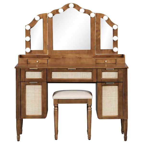 2-Piece Espresso Makeup Vanity Sets with Cushioned Stool,Tri-Fold Mirror,Vanity Desk with 13 Hollywood Bulbs,5 Drawers