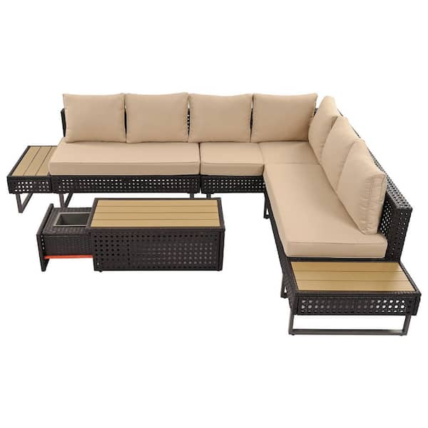 KandK 6-Piece Diamond Wicker Outdoor Sectional Set with Khaki Deep Cushions